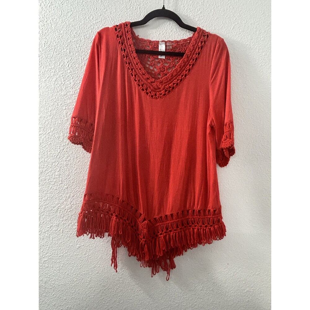 Thomas & Olivia S Pullover Tunic Top Orange Crochet Accents Boho